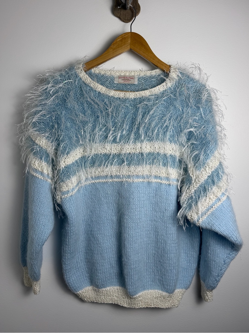 Handmade Fuzzy Eyelash Knit Sweater Blue White Metallic